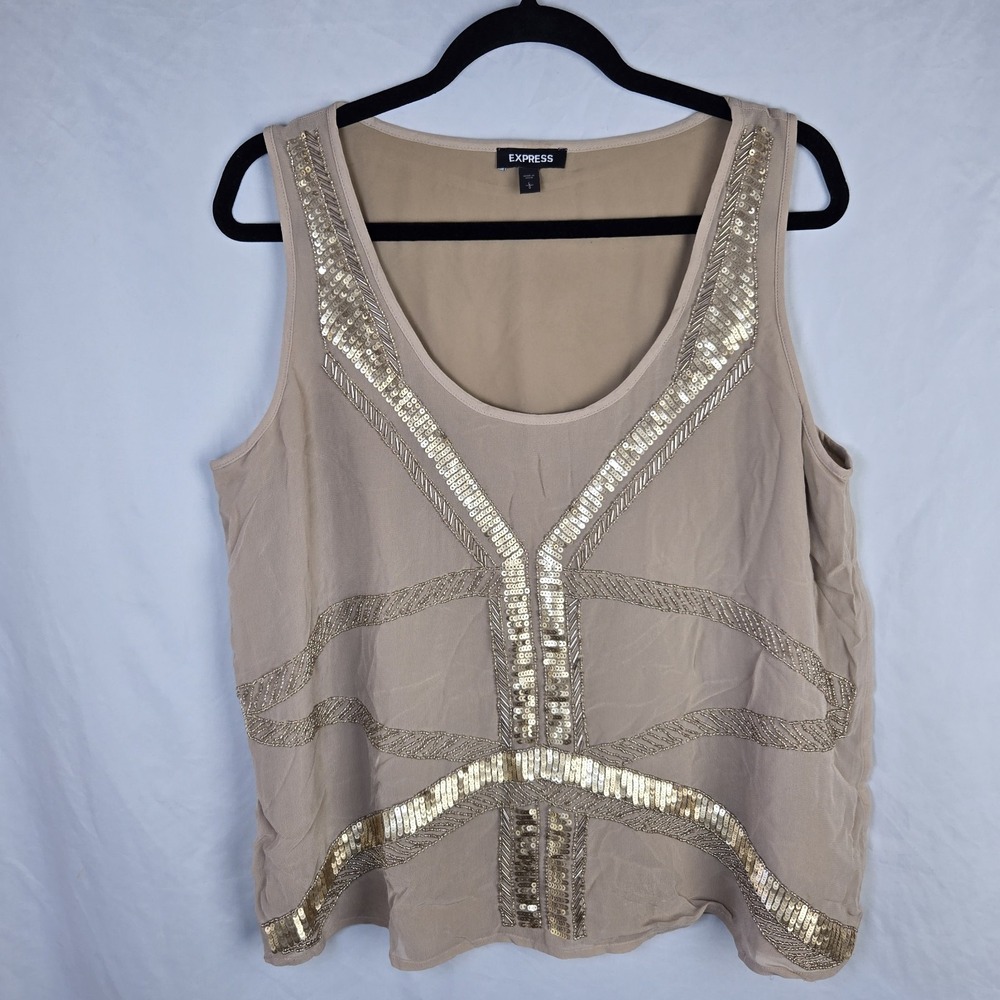 EXPRESS Chiffon Beaded Sequin Sleeveless Blouse Neutral Glam Sparkle Indie Bling